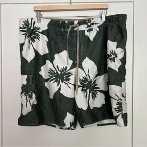 No Bad Days Swim Shorts Trunks Mens Size Large Green Floral Pockets Drawstring